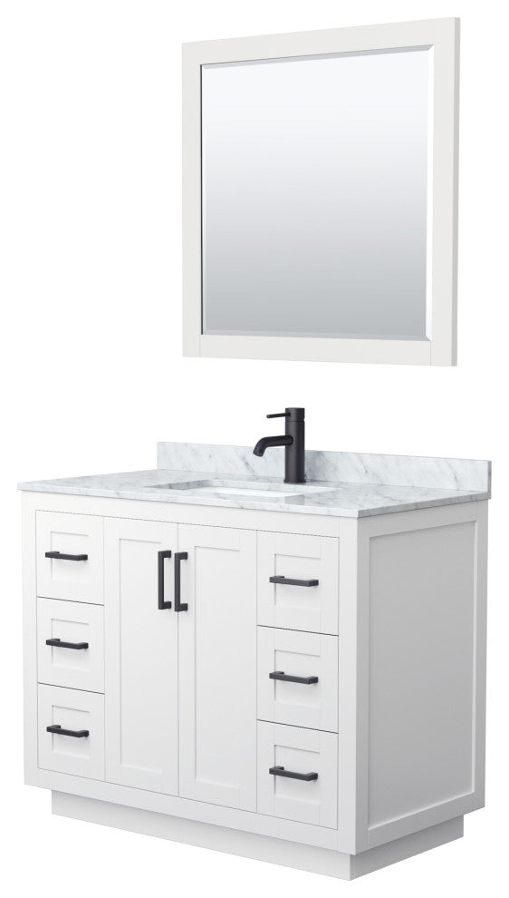 42"SGL Bathroom Vanity White, Carrara Countertop, Sink, Black Trim, 34" Mirror