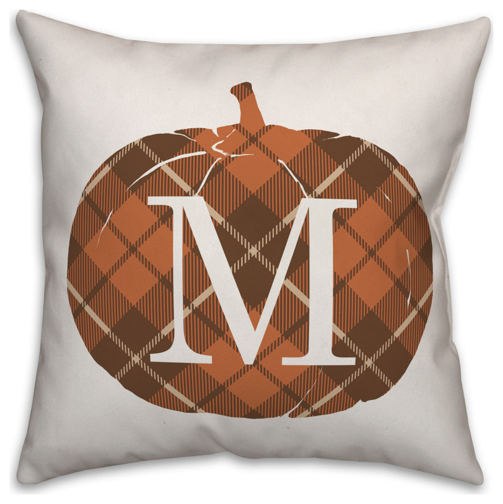 Plaid Pumpkin Monogram M 18x18 Spun Poly Pillow