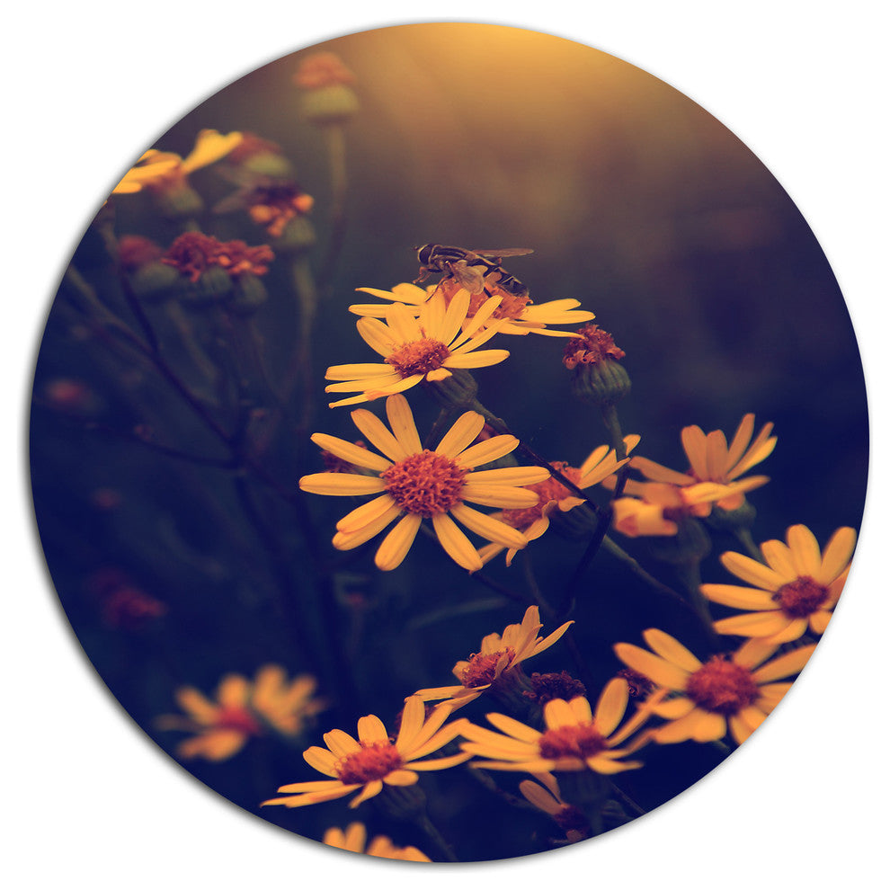 Vintage White Wild Flowers And Bee, Flower Disc Metal Artwork, 38"