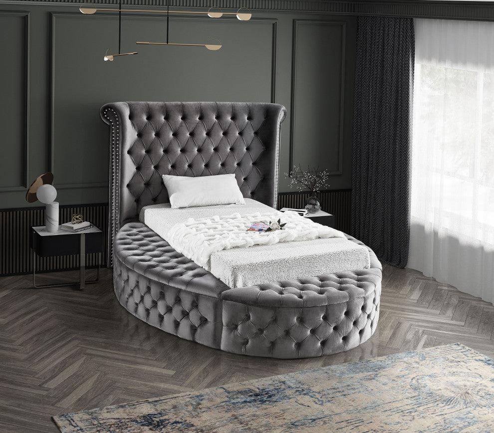 Luxus Button Tufted Velvet Round Bed, Gray, Twin