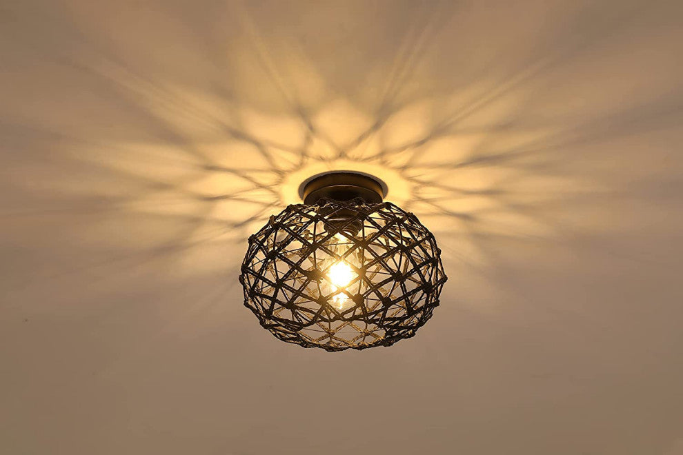Rattan Semi Flush Mount Ceiling Light Basket Woven Wicker Boho Ceiling Lamp