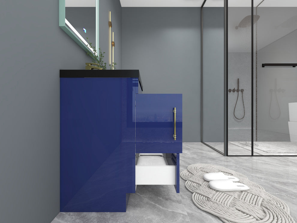Rosa 24" Free Standing Modern Vanity, High Gloss Night Blue, Matt Black Top