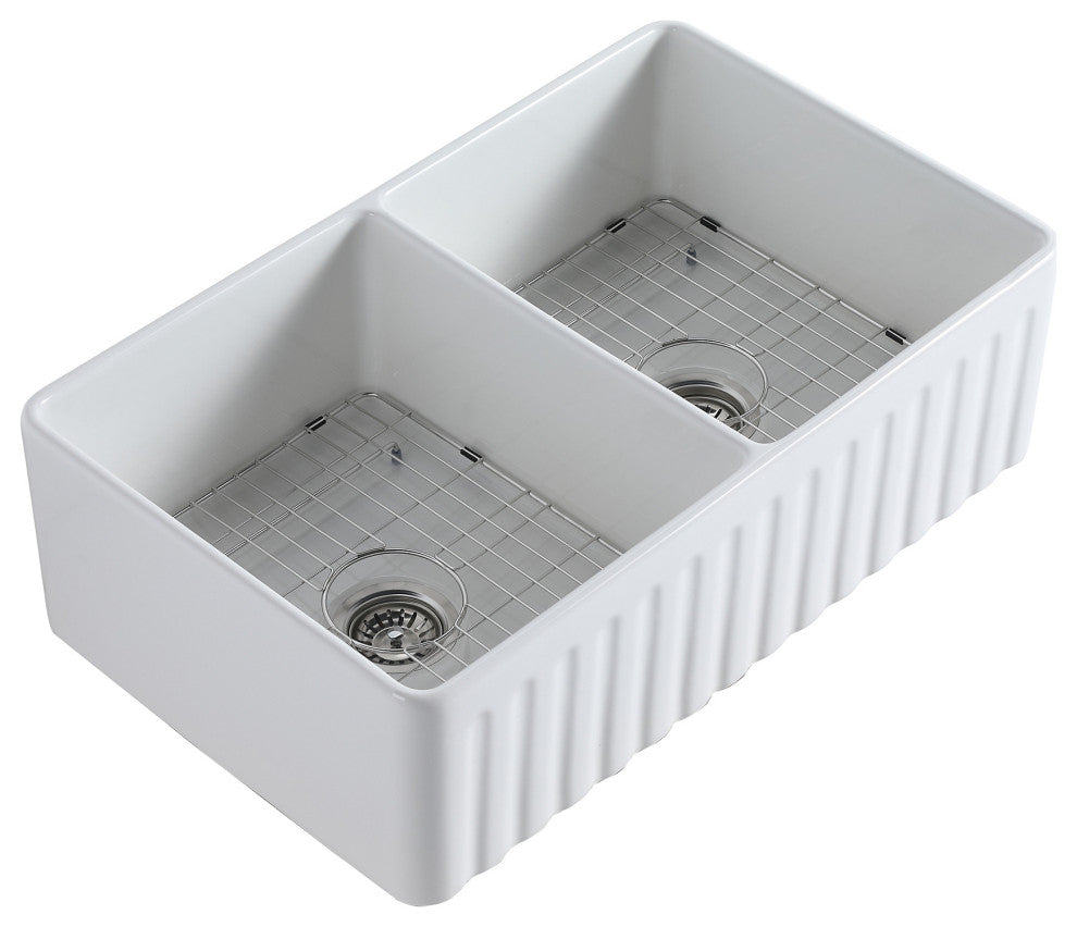 White Ceramic 33 in. Double Bowl Farmhouse Apron Kitchen Sink with Basket Strain