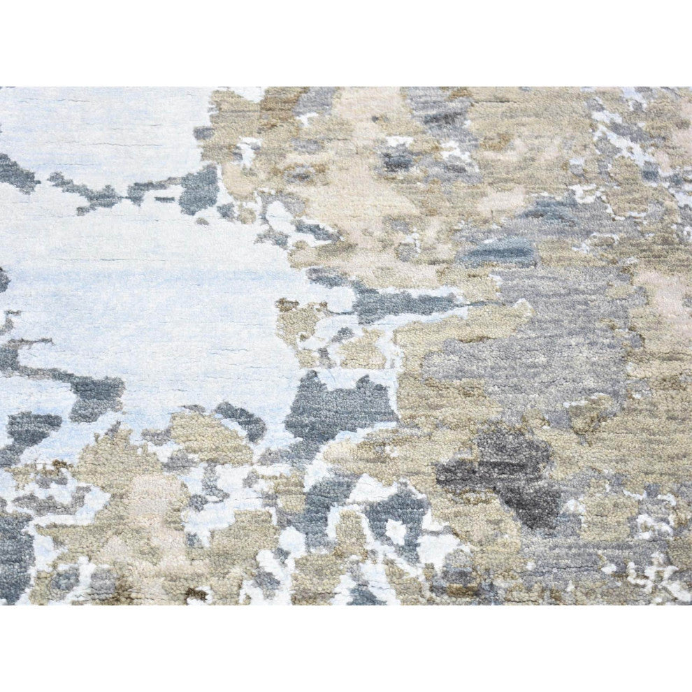 Gray, Modern Abstract Design, Hand Knotted Pure Wool, Runner Rug, 2'6"x10'6"