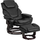 Leather Recliner and Ottoman, Mahogany Wood Base, Black Leather