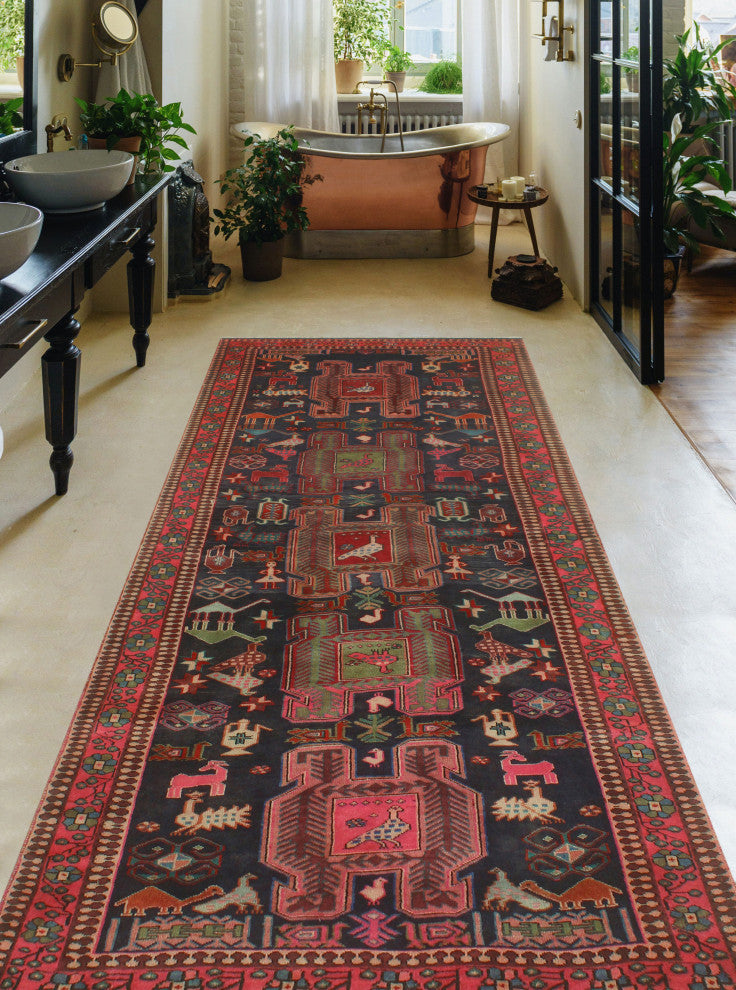 Fine Vintage Distressed Culbert Navy/Pink Runner, 4'1x9'9