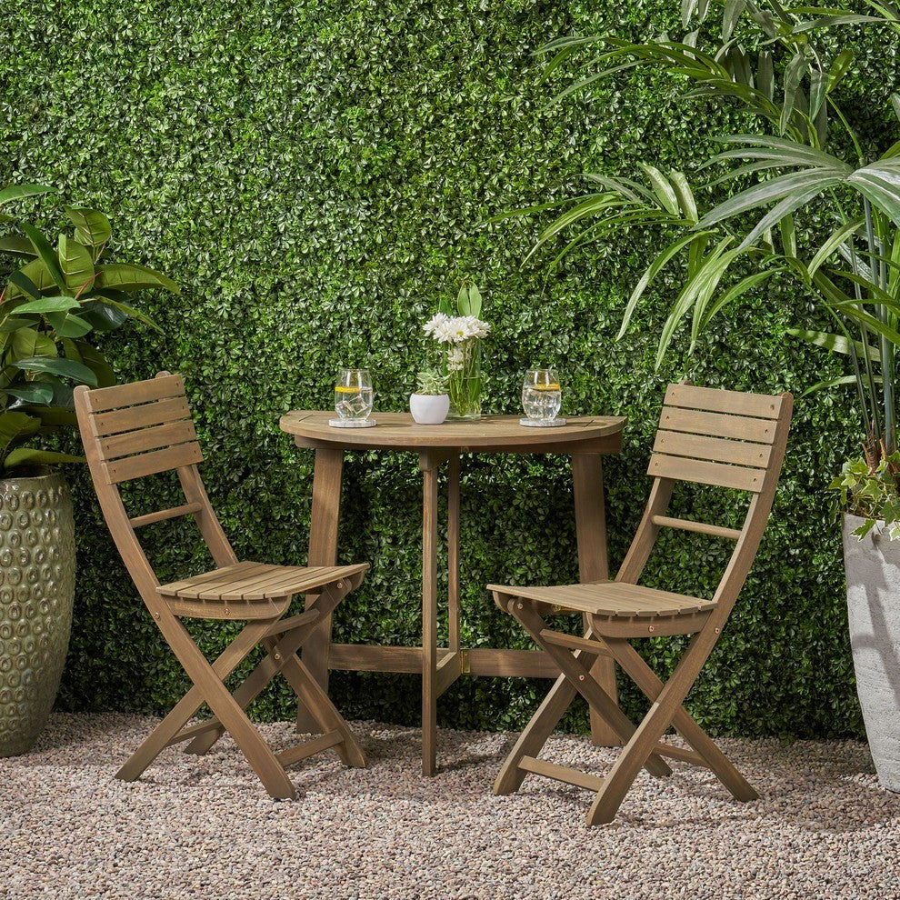 Mia Outdoor 2 Seater Half-Round Wood Bistro Set With Folding Chairs, Gray