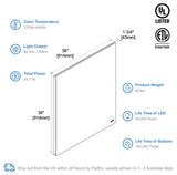 Fogless, Dimmable, Color Temperature Adjustable LED Mirror, 36x36