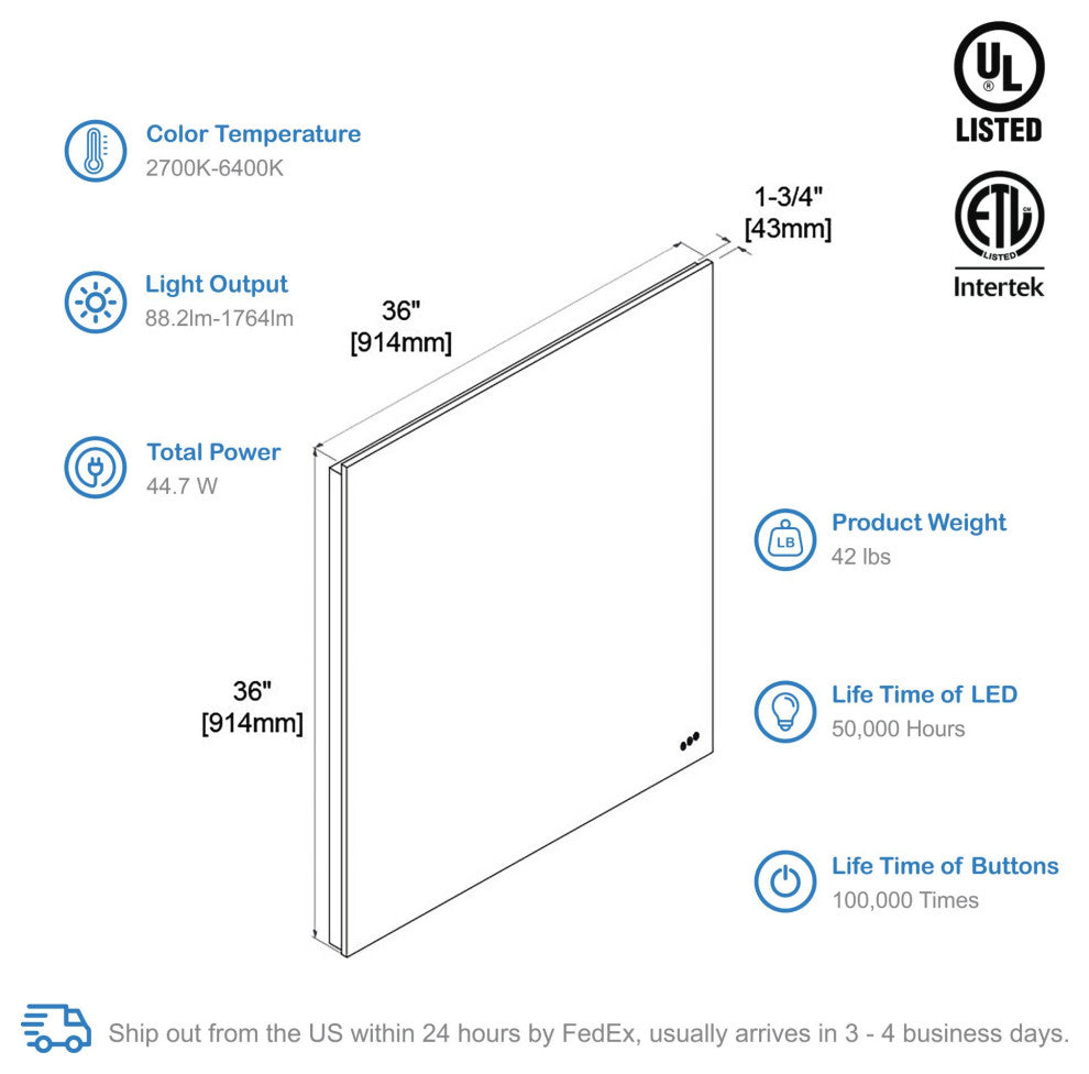 Fogless, Dimmable, Color Temperature Adjustable LED Mirror, 36x36