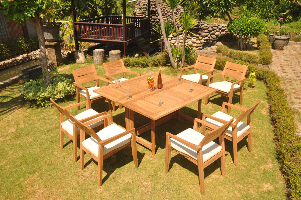 9-Piece Outdoor Teak Set: 60" Square Butterfly Table, 8 Celo Stacking Arm Chairs
