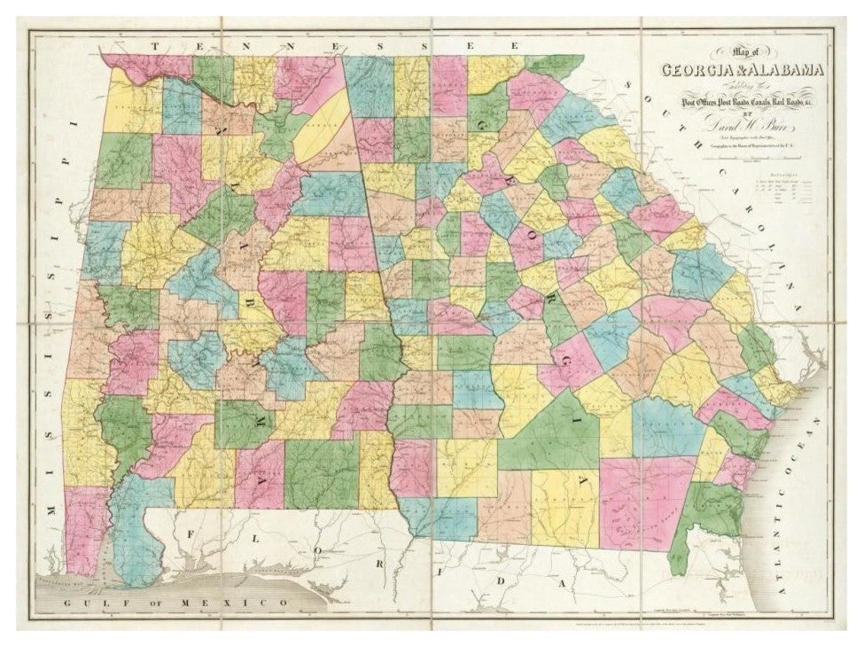 "Map of Georgia & Alabama, 1839" Digital Paper Print by David H. Burr, 32"x25"