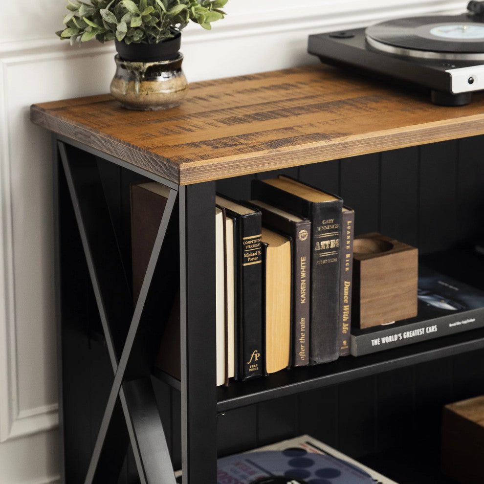 Farmhouse Console Table, Reclaimed Barnwood Top & X-Shaped Side Accents, Black