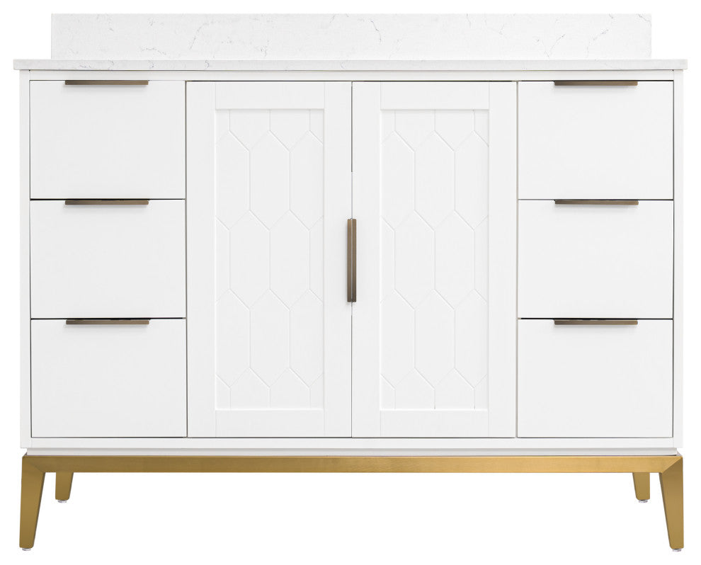 Alison Freestanding Bathroom Vanity with Italian Carrara White Marble Top, White, 48"