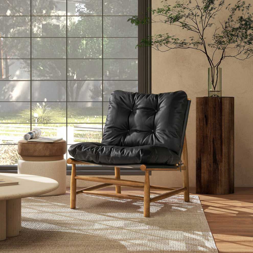 Oxford 26.5" Leather Mid-Century Modern Accent Chair, Noir Black