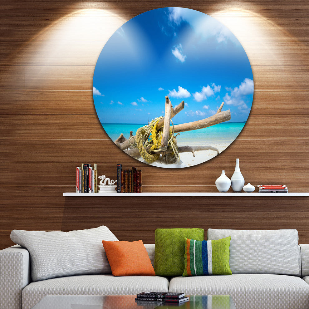 Deadwood On White Sand Beach, Contemporary Seascape Round Wall Art, 23"