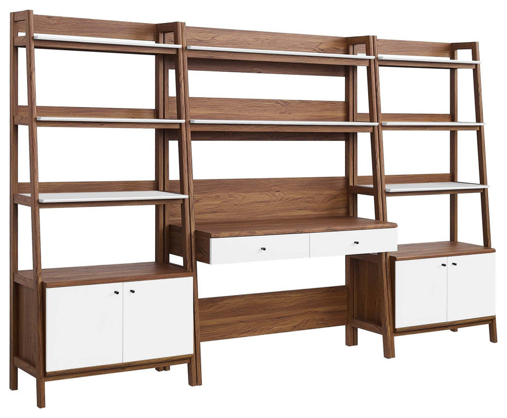 Bixby 3-Piece Wood Office Desk and Bookshelf, Walnut White