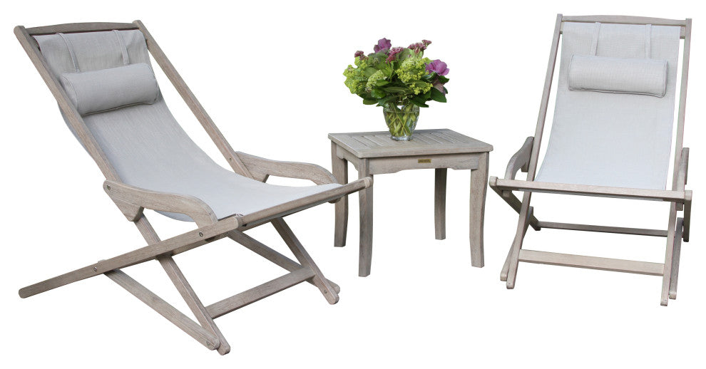 3-Piece Gray Wash Eucalyptus Folding Swing Lounger Set With Accent Table