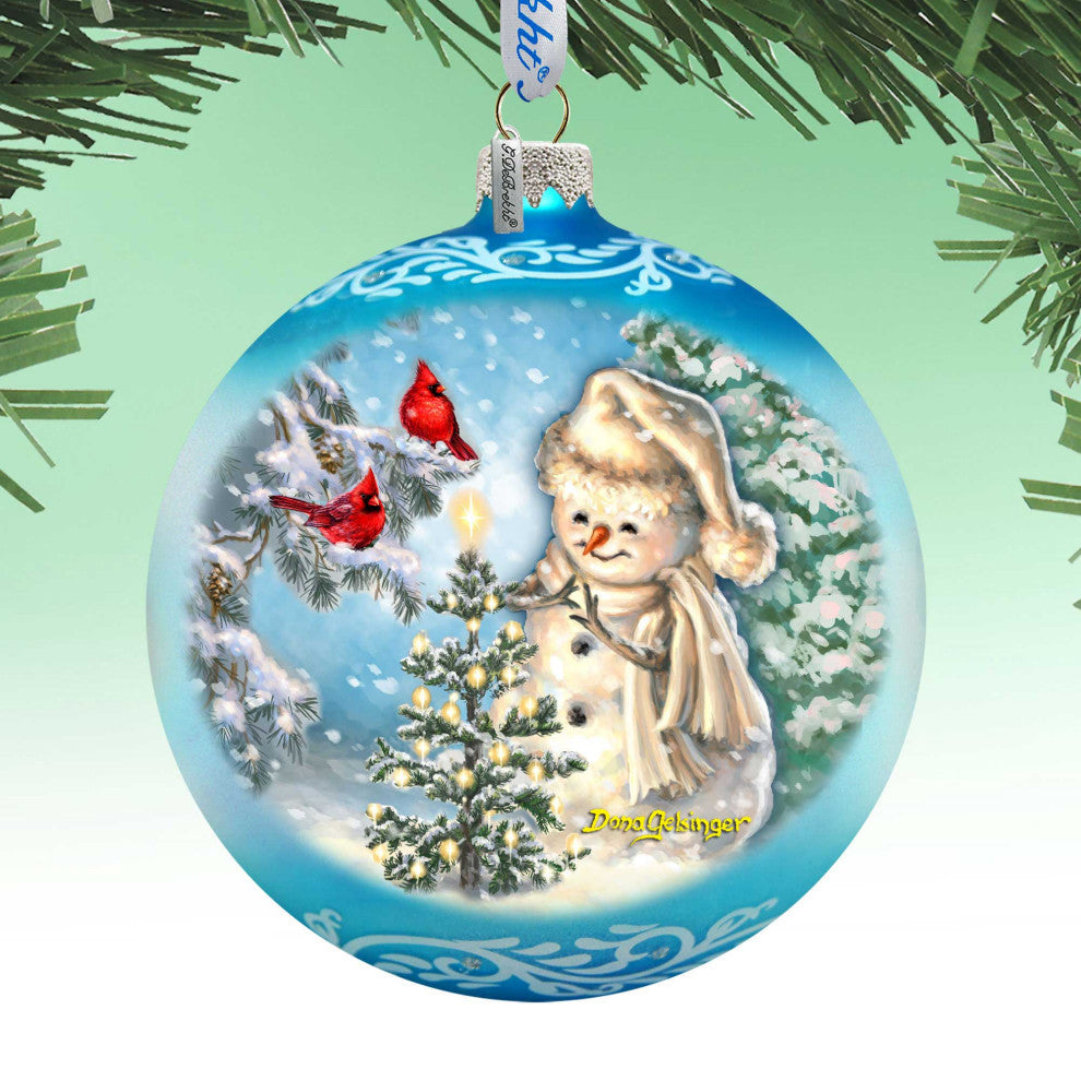 Glowing Snowman Lg Glass Ornament, Blue