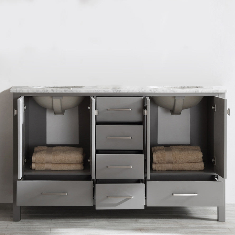 60" Double Vanity in Grey with Carrara White Marble Countertop Without Mirror