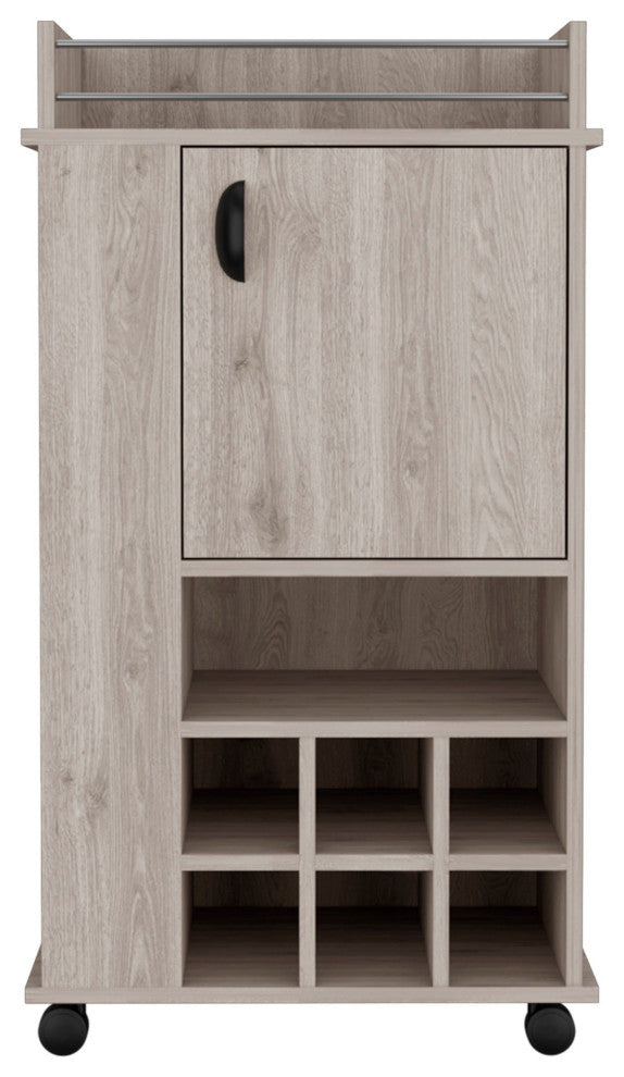 Farson Bar Cart with 6 Built-in Wine Racks, Cabinet, Caster Wheels, Light Gray