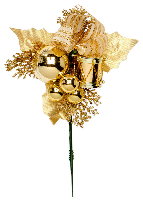 7" Outdoor Weatherproof Christmas Leaf Drum Ball Pick, Gold, Set of 12
