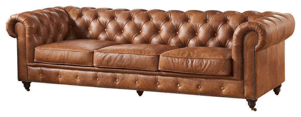 Crafters and Weavers Top Grain Leather Chesterfield Sofa, Light Brown