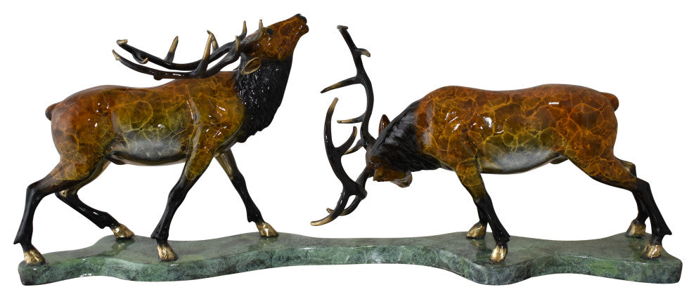 Fighting Deer Bronze Statue Mounted on a Marble Base Size: 32" x 8" x 14"H