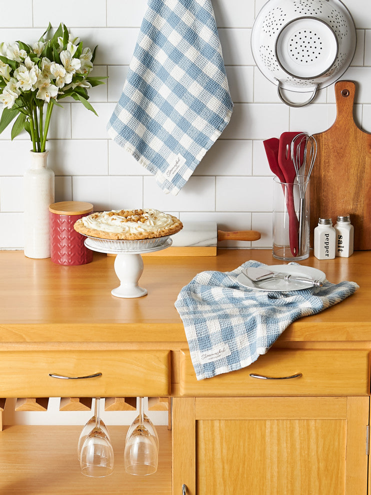 Dusty Blue Checker Washed Waffle Dishtowel (Set of 2)