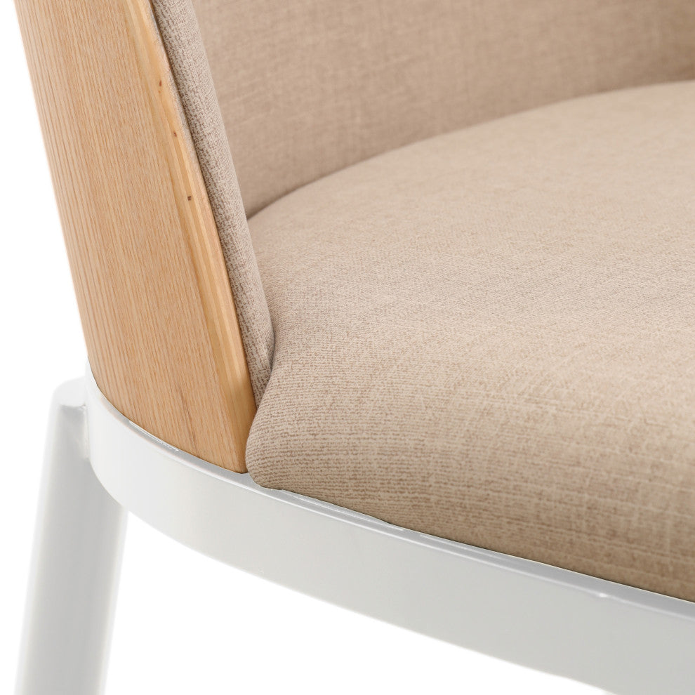 LeisureMod Tule Dining Chair With Upholstered Seat and White Steel Frame, Natural Wood/Brown