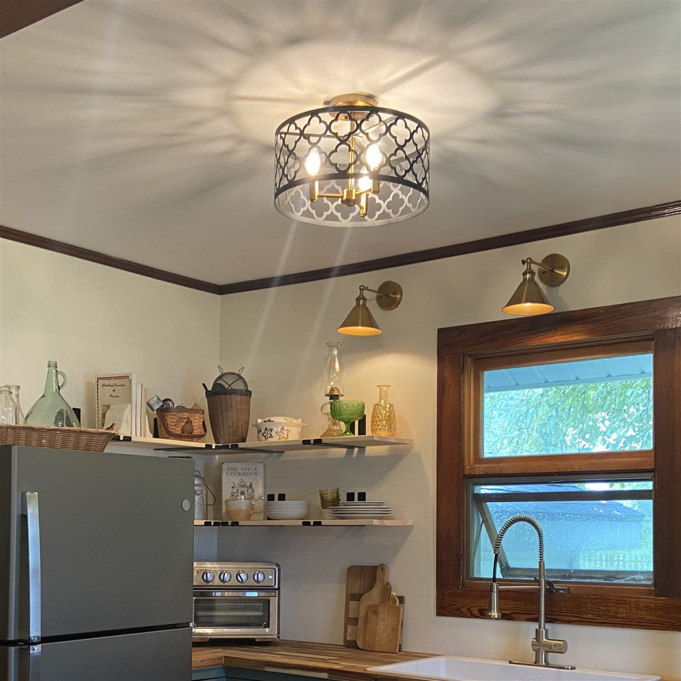 Kira Home Sutton 16" Ceiling Light, Metal Drum Shade, Warm Brass, Black