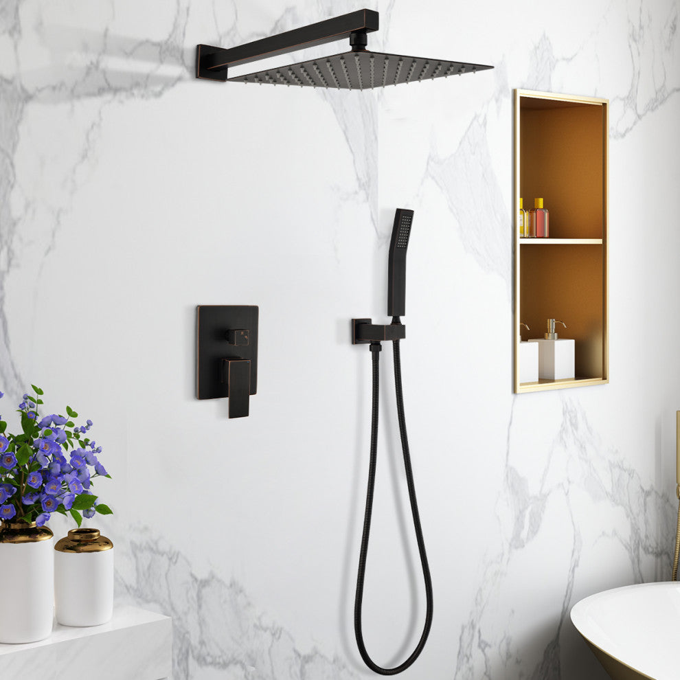 Wellfor Shower Faucet with Rain Shower Head, Handheld Shower and Valve, Oil Rubbed Bronze, 10" Shower Head