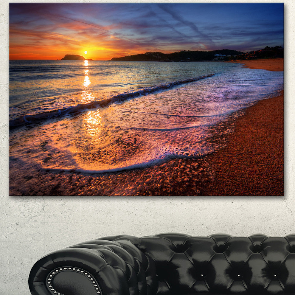 Foaming Waves at Beautiful Sunset, Seashore Canvas Art Print, 60"x28"