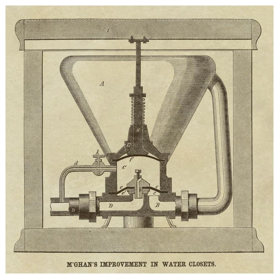 "M'Ghan's Improvement in Water Closets" Paper Print by Inventions, 32"x32"