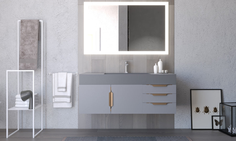 CastelloUSA Amazon 48" Wall Mounted Vanity Set, Gray, Gray Top, Gold Handles