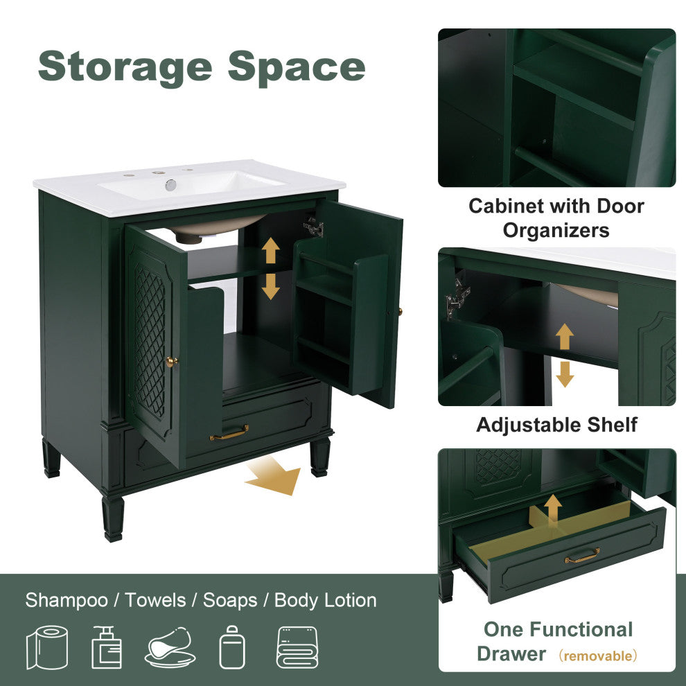 GDF Studio 30" Vintage Vanity With Sink, Drawer & Adjustable Shelf, Dark Green