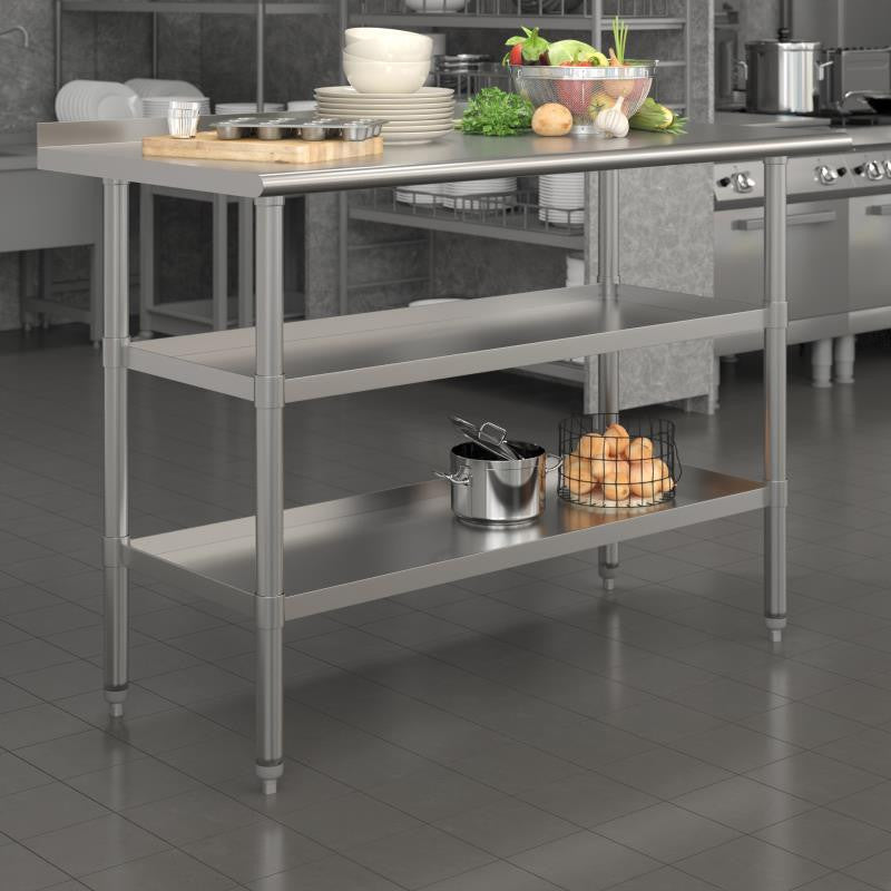 Stainless Steel 18 Gauge Work Table With 1.5" Backsplash and 2 Undershelves, NSF