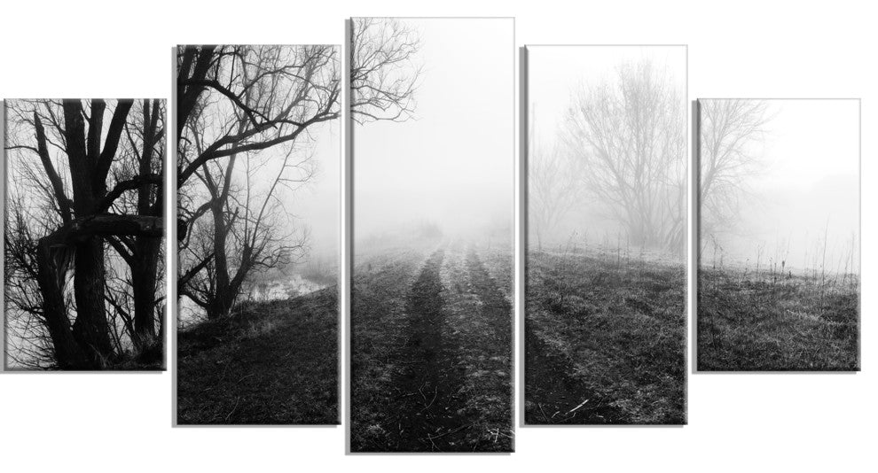 "Black And White Misty Landscape Panorama" Landscape Wall Art, 5 Panels, 60"x32"
