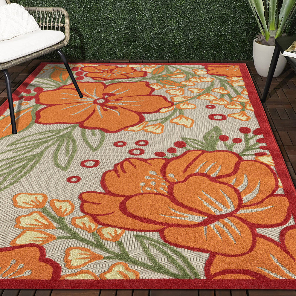 Mahalo Hibiscus Floral High-Low Indoor Outdoor Area Rug - 5' x 8'