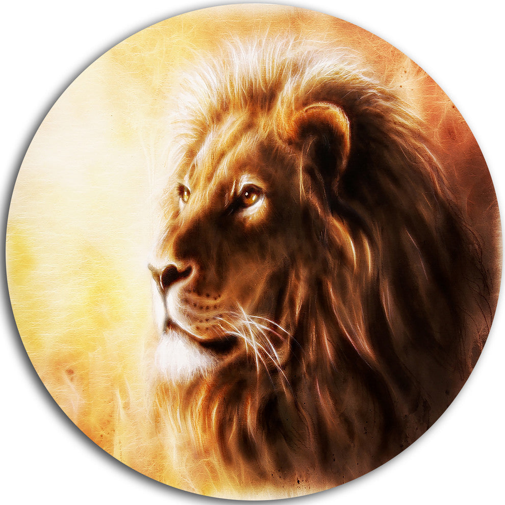 Brown Lion Fractal, Digital Art Animal Large Disc Metal Wall Art, 23"