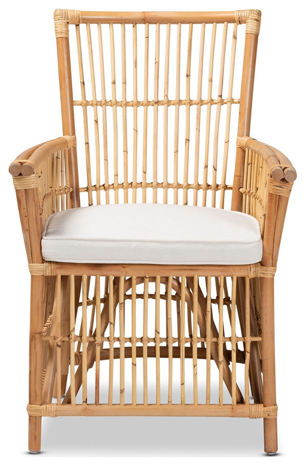 Modern Bohemian White Fabric Upholstered and Natural Brown Rattan Armchair