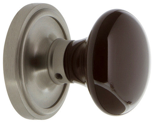 Double Classic Rosette With Brown Porcelain Knob, Satin Nickel