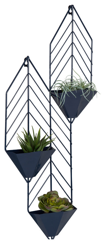Tain Geometric Metal Wall Hanging Planter With 3 Pockets, Navy Blue