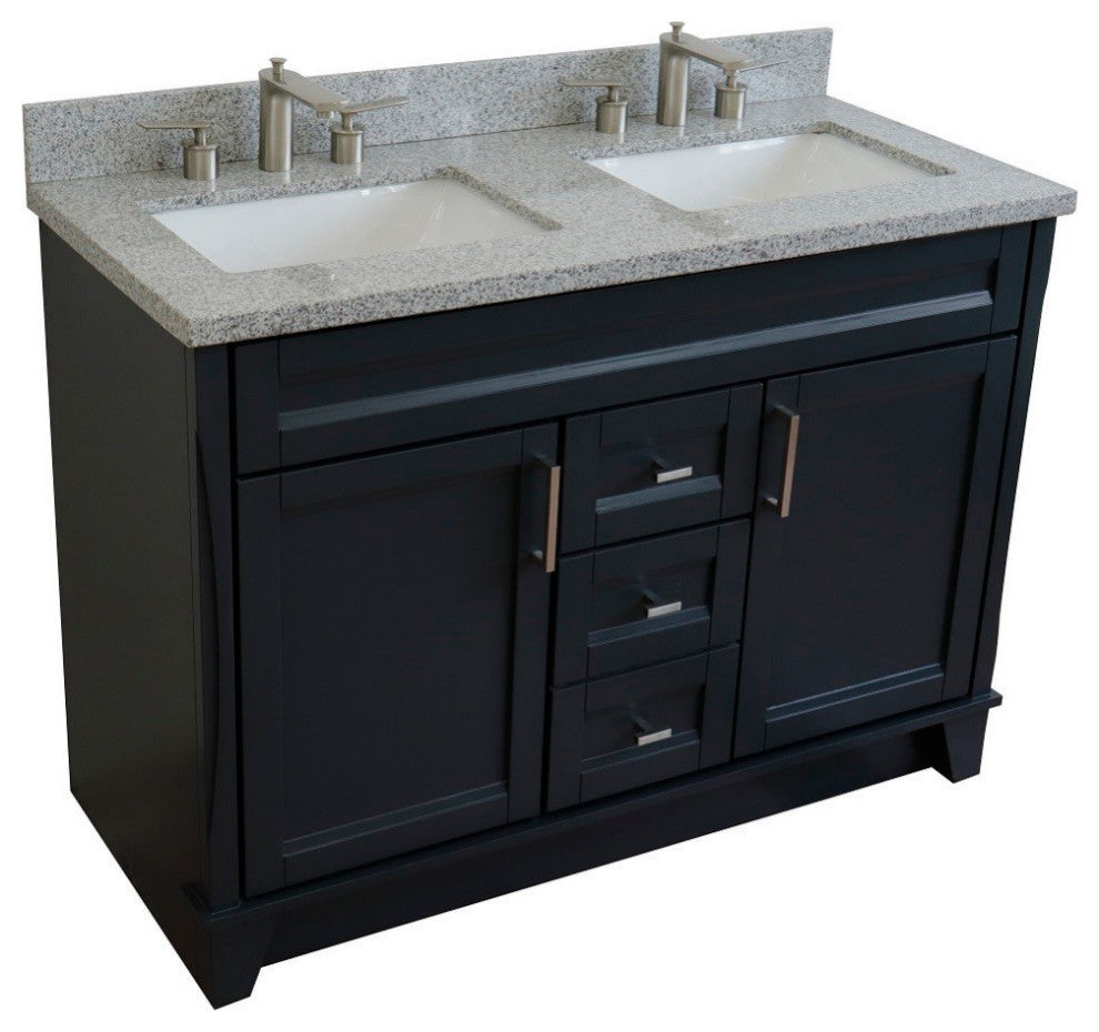 48" Double Sink Vanity, Dark Gray Finish With Gray Granite And Rectangle Sink