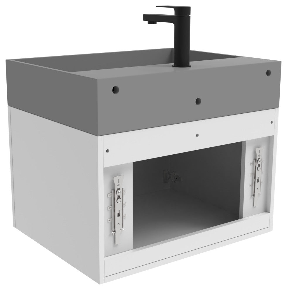 CastelloUSA Amazon 24" Wall Mounted Bathroom Vanity Set, White, Gray Top, Black Handles