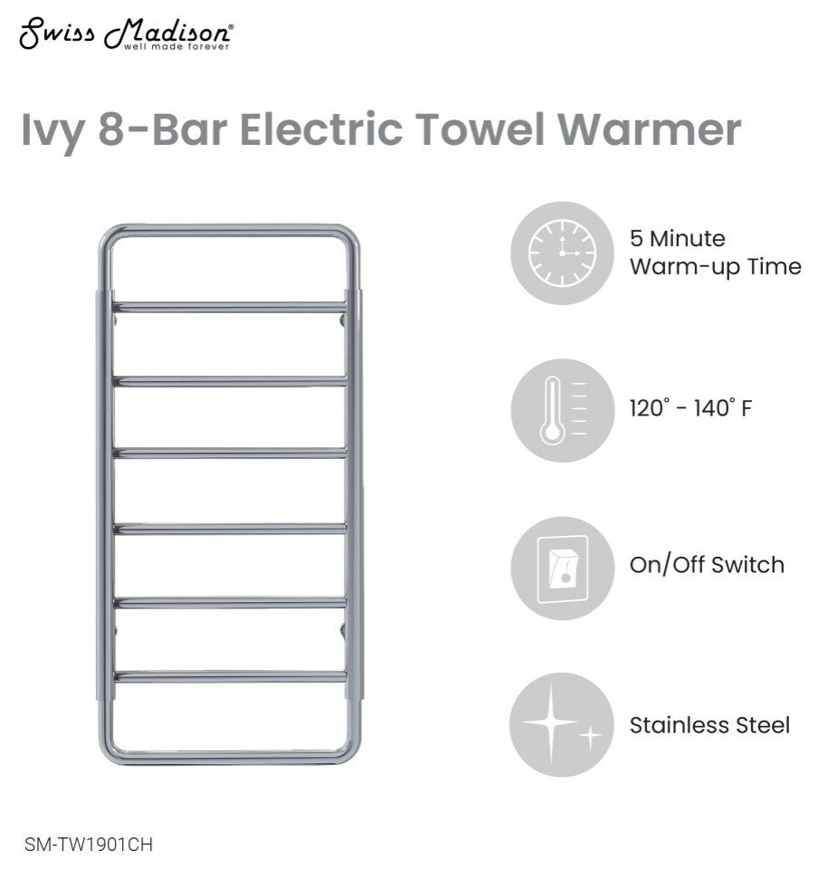 Ivy 8-Bar Electric Towel Warmer, Chrome