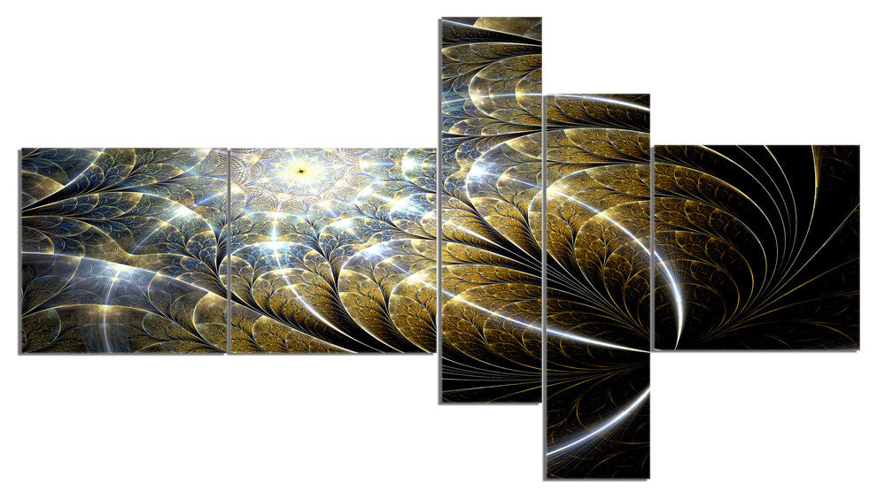 Symmetrical Dark Golden Fractal Flower, Abstract Canvas Print, 60"x32", 5 panels