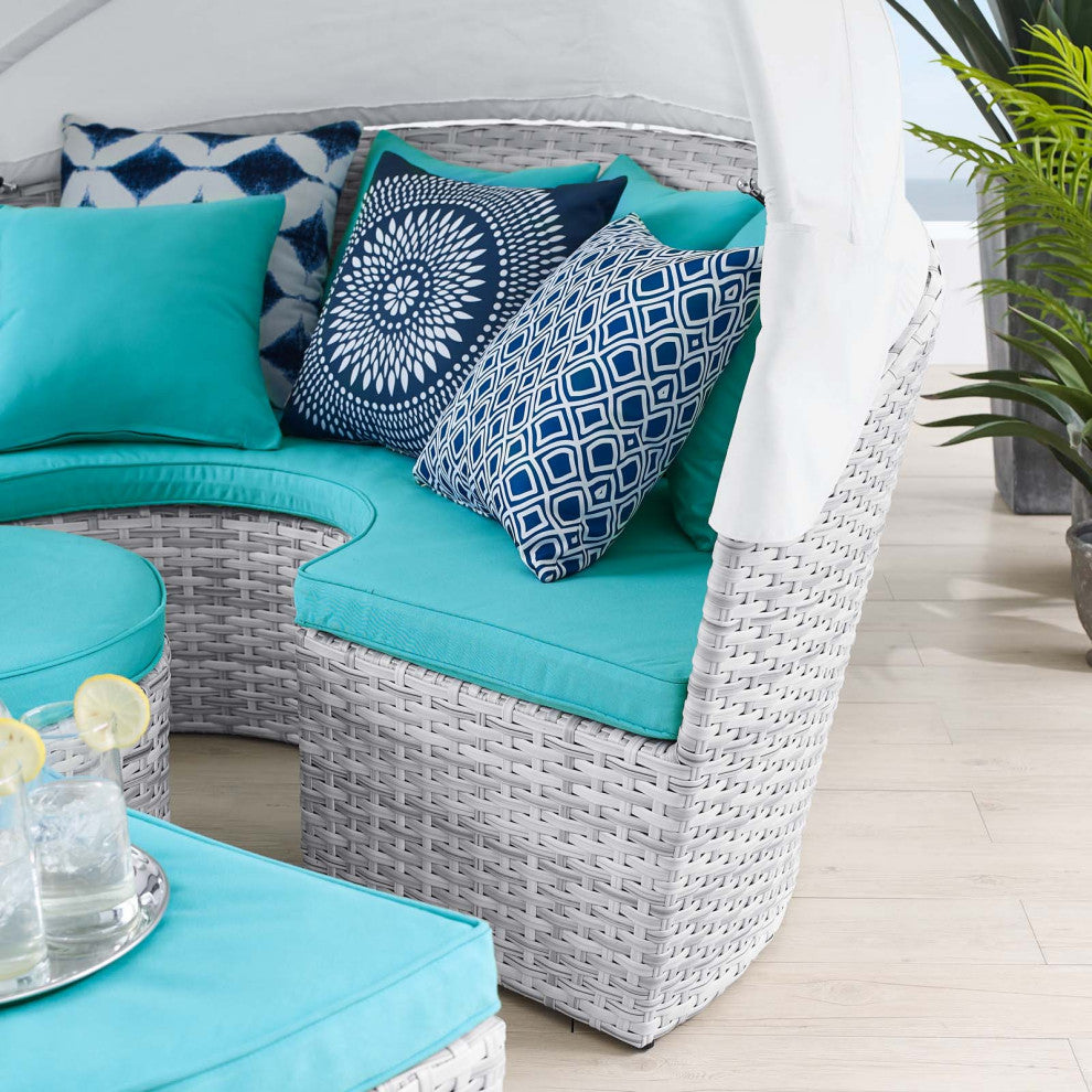 Daybed Sofa Bed, Sunbrella, Gray Blue, Rattan, Wicker, Outdoor Patio