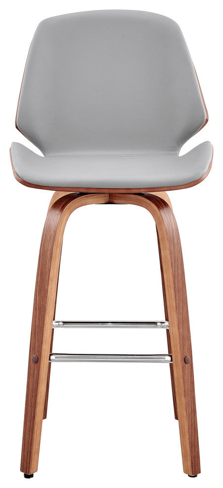 Arabela Faux Leather and Wood Swivel Bar Stool, Gray and Walnut