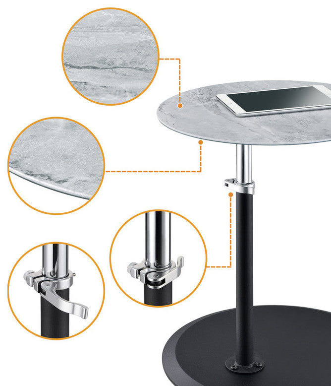 Orbit End Table with Height Adjustable Marble Textured Glass Top, Gray Marble