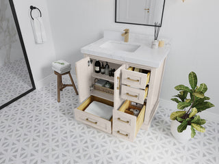 Boston 36" Left Offset Bath Vanity in Fine Grain 2" Calacatta Nuvo